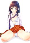  blush bra breasts brown_hair dress_shirt loafers long_hair loose_necktie medium_breasts necktie open_clothes open_shirt original oryou panties parted_lips photo-referenced plaid plaid_skirt purple_eyes shirt shoes sitting skirt socks solo sweat thighs underwear wariza white_background white_legwear white_panties 