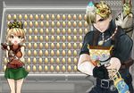  1girl ashley_graham blonde_hair blush brown_eyes chessboard crown egg fish gameplay_mechanics headdress holding jewelry kinpatuyoujo lamp leon_s_kennedy mask orange_shirt pendant resident_evil resident_evil_4 shirt smile staff 