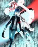  armband blue_eyes blue_hair bow crosssapphire0 evoker gun male_focus orpheus persona persona_3 red_eyes ribbon school_uniform smile solo weapon white_hair yuuki_makoto 