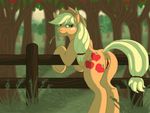  anus applejack_(mlp) blonde_hair cowboy_hat equine female fence feral fogg freckles friendship_is_magic grass green_eyes hair hat horse looking_back mammal my_little_pony outside pony pussy solo tree wood 