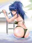  ass bikini blue_hair blush breasts butt_crack climbing dew_(dewichi) earrings embarrassed from_behind green_eyes jewelry leona_heidern long_hair looking_at_viewer looking_back medium_breasts ponytail pool pool_ladder sideboob swimsuit the_king_of_fighters wet 