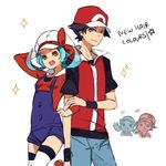  2girls alternate_color banned_artist baseball_cap black_hair blue_hair brown_eyes commentary crystal_(pokemon) dual_persona english hat kotone_(pokemon) multiple_boys multiple_girls pokemon pokemon_(game) pokemon_bw2 pokemon_frlg pokemon_gsc pokemon_hgss pokemon_rgby red_(pokemon) red_(pokemon_frlg) red_(pokemon_rgby) ribbon surprised tribute twintails 