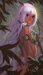  absurdres armlet bikini crystal dark_skin forest hector_enrique_sevilla_lujan highres horns leaf leaf_on_head lips lipstick long_hair looking_at_viewer looking_back makeup nail_polish nature original pink_hair red_eyes signature solo squirrel swimsuit weapon 