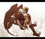  1girl ai_(digimon_tamers) beelzebumon black_wings blonde_hair bow brown_eyes brown_hair cake daizu_(npl) digimon digimon_tamers dress food fork green_eyes hair_bow highres letterboxed multiple_wings open_mouth profile spikes tail thigh_strap third_eye twintails wings 