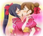  alternate_hairstyle black_eyes blush brown_eyes brown_hair closed_eyes from_side hair_bun hirasawa_yui japanese_clothes k-on! kimono kiss long_hair multiple_girls nakano_azusa pink_kimono ponytail profile shishinon short_hair surprised tasuki yuiazu_(unit) yukata yuri 