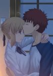  1boy 1girl ahoge artoria_pendragon_(all) blonde_hair blue_ribbon blue_sleeves braided_bun brown_hair couple emiya_shirou eyes_closed fate/stay_night fate_(series) fateline_alpha forehead_kiss from_side hair_ribbon highres jewelry kiss long_sleeves neck_ribbon ribbon ring saber shirt short_hair sidelocks upper_body wedding_band white_shirt 