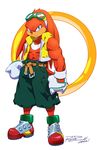  2012 belt blue_eyes dated furry gloves goggles goggles_on_head jewelry knuckles_the_echidna looking_at_viewer male_focus mouth_hold muscle parody rat_rage red_hair ring robert_porter scowl shorts signature solo sonic_the_hedgehog standing style_parody toothpick vest 
