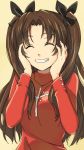  1girl black_bow bow brown_hair chiharu_(9654784) eyes_closed fate/stay_night fate_(series) grin hair_bow hands_on_own_cheeks hands_on_own_face highres long_hair long_sleeves red_shirt shirt simple_background smile solo tohsaka_rin twintails upper_body very_long_hair yellow_background 