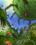  claws fisheye floating forest hothouse_(novel) levitation lowres monster nature no_humans plant plant_request science_fiction sharp_teeth silk sky spider_web teeth tentacles traverser vines 