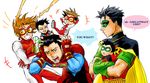  3boys anisuki_(briliant-19) bart_allen black_hair brown_hair cape crossed_arms dc_comics doll domino_mask dual_persona engrish goggles impulse male male_focus mask multiple_boys muscle pixiv_thumbnail ranguage resized robin_(dc) s_shield superboy superman_symbol tim_drake trio young_justice 