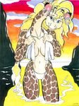  anthro bikini blonde_hair blue_eyes breasts clothed clothing cloud ear_piercing eyelashes female fur giraffe hair hoop_earring horn long_hair looking_at_viewer makeup mammal mountain oscar_marcus piercing pinup pose red_sky sea skimpy smile solo sunset swimsuit tail_tuft topless towel tuft water wet 