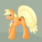  applejack_(mlp) blonde_hair butt buttplug cutie_mark equine female feral freckles friendship_is_magic hair horse looking_at_viewer looking_back mammal my_little_pony plain_background pony presenting presenting_hindquarters pussy ratofdrawn sex_toy solo wet 