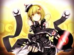  alternate_costume bare_shoulders blonde_hair blush crescent detached_sleeves fingerless_gloves gloves hat headphones headphones_around_neck highres holding kazetto looking_at_viewer lunasa_prismriver record short_hair smile solo touhou yellow_eyes 