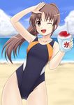  ;d beach brown_eyes brown_hair cloud competition_swimsuit day fuuma_nagi long_hair ocean one-piece_swimsuit one_eye_closed open_mouth outdoors ponytail saki saki_achiga-hen salute shaved_ice sky smile swimsuit takakamo_shizuno 