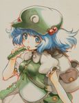  backpack bad_id bad_pixiv_id bag blue_eyes blue_hair cucumber hat ikuhana_niiro kawashiro_nitori lowres solo touhou traditional_media 