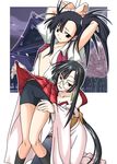  2girls amagasaki_chigusa bdsm black_eyes black_hair bondage bound breasts cherry_blossoms cleavage earrings glasses highres japanese_clothes jewelry kimono long_hair looking_at_viewer mahou_sensei_negima! mikagami_sou multiple_girls no_bra open_clothes open_shirt red_eyes sakurazaki_setsuna school_uniform shirt skirt smile socks standing temple tied_up 