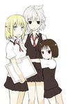  aislinn_wishart behind_ear blonde_hair blue_eyes blush brown_eyes brown_hair chinchilla height_difference kakura_kurumi kosegawa_shiromi miyamori_school_uniform multiple_girls pen ribbon saki short_hair smile uniform_vest white_hair 