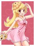  bad_id bad_pixiv_id bakemonogatari banana_(hirane1988) blonde_hair box doughnut dress fangs food hat heart long_hair monogatari_(series) mugen_lion oshino_shinobu red_background red_eyes smile strap_slip 