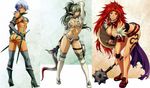  3girls absurdres animal armor ass blue_hair breasts dagger dark_skin earrings echidna elf female green_hair high_heels highres irma jewelry large_breasts long_hair mace multiple_girls panties pointy_ears purple_eyes queen&#039;s_blade queen's_blade red_eyes red_hair risty shield short_hair smile snake standing sword tatto tattoo thong underwear wallpaper weapon 