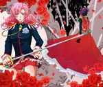  aiguillette dress epaulettes flower green_eyes himemiya_anthy long_hair mitui321 multiple_girls pink_hair purple_hair rose short_hair shorts shoujo_kakumei_utena sword tenjou_utena weapon 