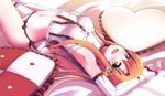  :d arched_back arm_up armpits asuna_(sao) bed_sheet blush bow brown_hair checkered detached_sleeves frilled_pillow frills groin hair_ornament heart heart_pillow highres long_hair looking_at_viewer lying matsumoto_ryou navel on_back open_mouth panties pillow side-tie_panties single_thighhigh smile solo sword_art_online thighhighs underwear underwear_only yellow_eyes 