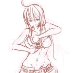  :q adjusting_bra adjusting_clothes ahoge belt bra breasts copyright_request dressing groin highres large_breasts long_hair midriff monochrome navel panties_(pantsu-pirate) short_shorts shorts solo tongue tongue_out underwear 