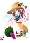  blush brown_hair eating food fruit full_body goggles goggles_around_neck hair_ribbon hand_on_headwear hat innertube japanese_clothes kimono meito_(maze) one-piece_swimsuit one_eye_closed original pink_kimono popsicle ribbon sandals simple_background sitting solo straw_hat swimsuit twintails watermelon white_background yukata 