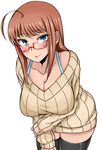  1girl ahoge black_legwear blue_eyes blush breasts brown_hair cleavage glasses highres large_breasts leaning_forward looking_at_viewer maru_(maruttona) maruttona minoru_oba o_cup-chan_(maruttona) original red-framed_glasses ribbed_sweater semi-rimless_glasses simple_background smile solo sweater thighhighs white_background zettai_ryouiki 