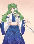  detached_sleeves eyebrows frog_hair_ornament green_eyes green_hair hair_ornament iroyopon kochiya_sanae long_hair midriff navel snake solo thick_eyebrows touhou 