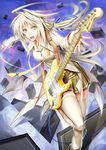  440 blonde_hair electric_guitar fender guitar hair_ribbon instrument jewelry long_hair looking_at_viewer marshall open_mouth original pleated_skirt plectrum ponytail ribbon skirt solo speaker stratocaster thighhighs white_legwear yellow_eyes 