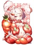  alternate_color alternate_costume alternate_hair_color animal_ears blush bunny_ears carrot choker dateneco fang hair_ornament highres inaba_tewi jewelry open_mouth pillow pink_eyes pink_hair short_hair smile solo thighhighs tongue tongue_out touhou 