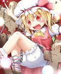  arm_up ascot blonde_hair bloomers blush chain cross fang flandre_scarlet glowing hat hat_ribbon highres lights makuran open_mouth red_eyes ribbon shirt side_ponytail skirt skirt_set slit_pupils solo touhou underwear upskirt wings 