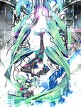  boots detached_sleeves green_eyes green_hair hatsune_miku headset highres hullabaloo long_hair necktie open_mouth skirt solo thigh_boots thighhighs twintails upside-down very_long_hair vocaloid 