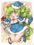  1girl cat christmas christmas_clothes fullbokko_heroes furry green_eyes green_hair long_hair open_mouth shigatake solo 