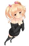  azure_(capriccio) bad_id bad_pixiv_id bare_shoulders black_legwear blonde_hair blush collarbone dress from_above hair_ribbon hands_on_own_chest no_shoes original ribbon short_hair simple_background smile solo sweater sweater_dress thighhighs twintails white_background yellow_eyes 