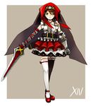  asymmetrical_legwear bad_id bad_pixiv_id blush green_eyes heterochromia kanipanda original red_eyes solo sword thighhighs weapon 