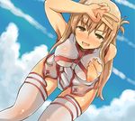  asuna_(sao) blush breasts brown_eyes brown_hair cloud cloudy_sky day dutch_angle dyson_(edaokunnsaikouya) hand_on_own_head large_breasts leaning_forward long_hair nipples open_mouth panties see-through sky solo sword_art_online thighhighs torn_clothes underwear v white_legwear white_panties 