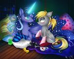  absurd_res blush book controller cup cutie_mark derpy_hooves_(mlp) duo equine eye_contact female feral food friendship_is_magic hi_res horn horse juice_box levitation magic mammal muffin my_little_pony pegasus pillow pony princess_luna_(mlp) socks unicorn vardastouch winged_unicorn wings 
