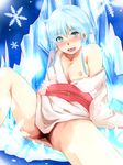  :d bare_legs blue_eyes blush breasts collarbone commentary_request highres ice japanese_clothes jigoku_sensei_nube medium_breasts nipples no_bra off_shoulder open_mouth revealing_clothes sitting smile snowflakes solo wachiwo yukime_(jigoku_sensei_nube) 