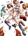  1girl ahoge blonde_hair blue_eyes boots breasts bursting_breasts karosu-maker karuso-maker large_breasts long_hair metroid navel open_mouth power_suit samus_aran solo torn_clothes 