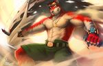  anthro bandage beast belt biceps big_muscles blood canine chest_tuft clothed clothing eyewear fur goggles green_eyes grin half-dressed knife male mammal medallion muscles necklace null-ghost pecs pose red_fur shorts solo standing topless tuft watch weapon white_fur wolf 