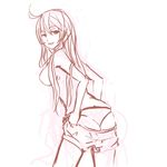  ahoge breasts butt_crack copyright_request dressing from_behind highres large_breasts long_hair looking_back monochrome panties panties_(pantsu-pirate) panty_pull pulled_by_self short_shorts shorts shorts_pull sideboob solo topless underwear 