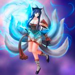  absurdres ahri allen_(pixiv) animal_ears bare_shoulders bell blue_hair boots braid breasts cleavage detached_sleeves energy_ball facial_mark fox_ears fox_tail highres korean_clothes large_breasts league_of_legends long_hair multiple_tails orb solo tail very_long_hair whisker_markings yellow_eyes 
