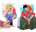  3boys ^_^ ^o^ absurdres apron black_hair blonde_hair cheek_pinching clenched_teeth closed_eyes green_hair grin highres hug japanese_clothes male_focus monkey_d._luffy multiple_boys one_piece oratoza pinching roronoa_zoro sanji sleeves_rolled_up smile smoking teeth topknot 