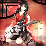  bad_id bad_pixiv_id black_hair colored_eyelashes flower guitar instrument japanese_clothes lamp leaf long_hair maple_leaf nail_polish original petals prin_dog red_background red_eyes seiza sitting skirt solo wide_sleeves wrist_cuffs 