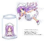  1girl blue_eyes blush bottle bracelet chibi dress hat hiiragi_kagami hiiragi_tsukasa ikamusume jewelry long_hair lucky_star mini-ikamusume minigirl nyanmilla parody partially_translated purple_hair shinryaku!_ikamusume simple_background tentacle_hair translation_request 