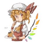  :t ascot blonde_hair cake cherry eating flandre_scarlet food food_on_face fruit hair_bobbles hair_ornament hat jpeg_artifacts low_wings numa_(minus_4k) plate pudding short_hair side_ponytail solo sweets touhou upper_body wings wrist_cuffs 