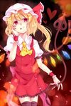  :p bad_id bad_pixiv_id black_legwear blonde_hair flandre_scarlet hand_on_own_face hat hat_ribbon heart holding miiko_(somnolent) petals red_eyes ribbon side_ponytail skirt skirt_set solo thighhighs tongue tongue_out touhou wings wrist_cuffs 