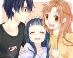  2girls asuna_(sao) black_hair brown_hair casual curry_gohan family holding_hands kirito multiple_girls smile sword_art_online yui_(sao) 