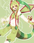  bare_shoulders fingerless_gloves flygon gen_3_pokemon gloves green_hair green_wings highres long_hair looking_at_viewer midriff multicolored_hair navel open_mouth personification pokemon ponytail red_eyes smile solo suspenders tail takeshima_(nia) two-tone_hair wings 